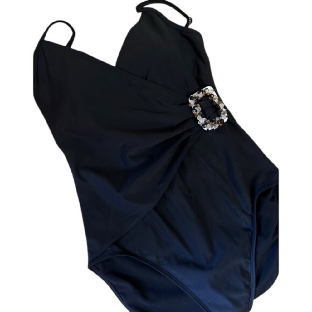Shape fx Black‎ Wrap Underwire One Piece Swimsuit Stone Buckle Size 10T